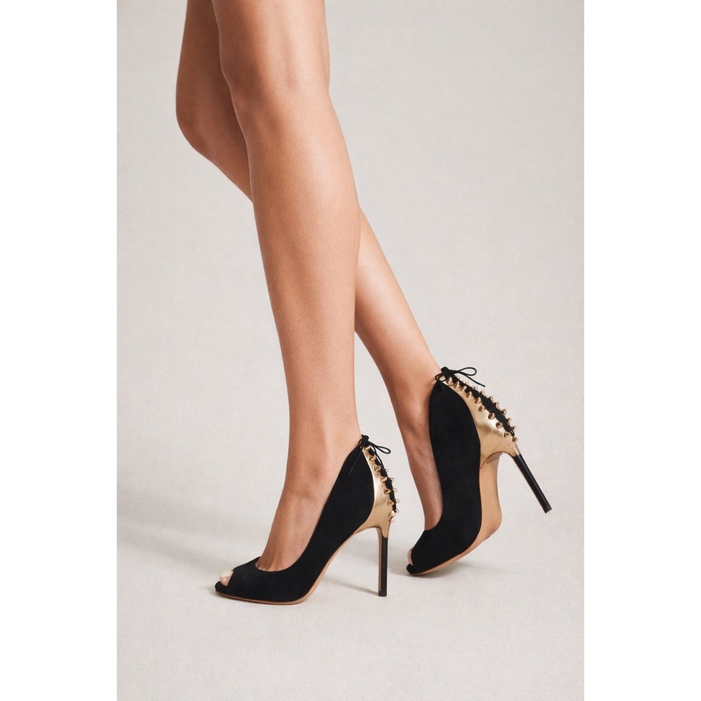 Sam Edelman Black Suede Stiletto Heel Lace Up Ankle‎ Boots Gold Studs size 6
